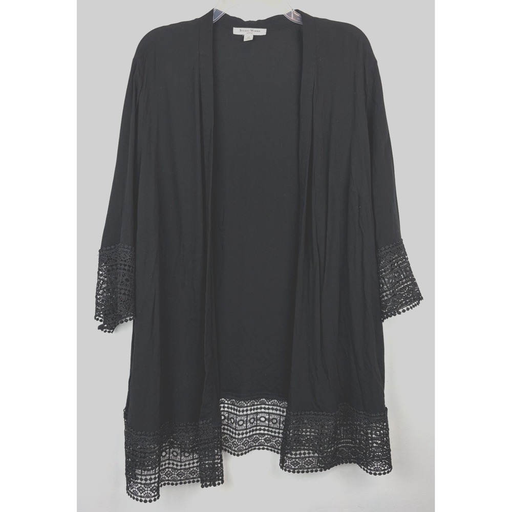 Lace Trimmed Open Tunic Cardigan Kimono Womens 2X Black Cover Up Layer Capsule